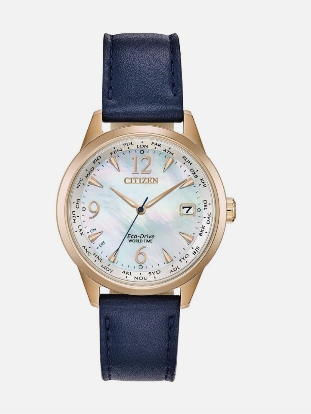 EUC CITIZEN WOMEN'S WORLD TIME NAVY BLUE LEATHER STRAP FC8003-06D